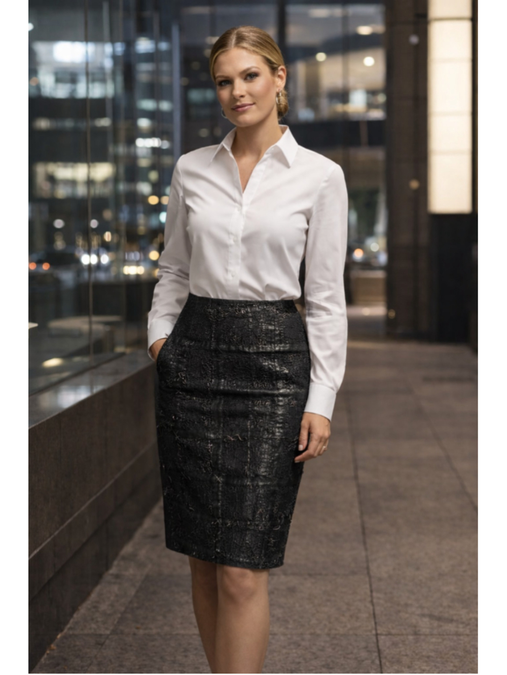 Joseph Ribkoff Black Pencil Skirt White Squiggle Embroidery & Sequin Accent Sz 6
